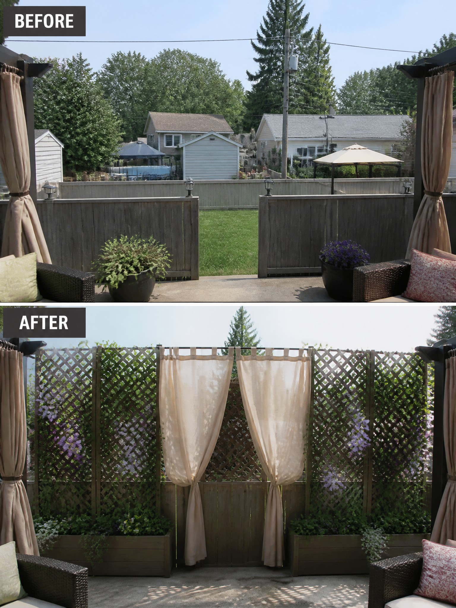 Before-and-after image of an open patio turned into a private seating area with lattice panels, climbing plants, and curtains.