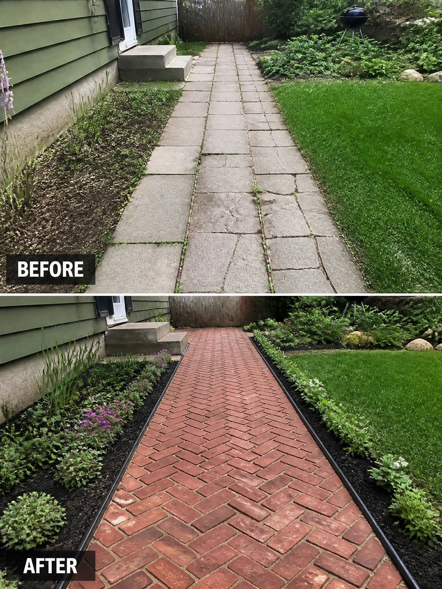 Before and after comparison of a walkway, from gray stones to red brick with landscaping.