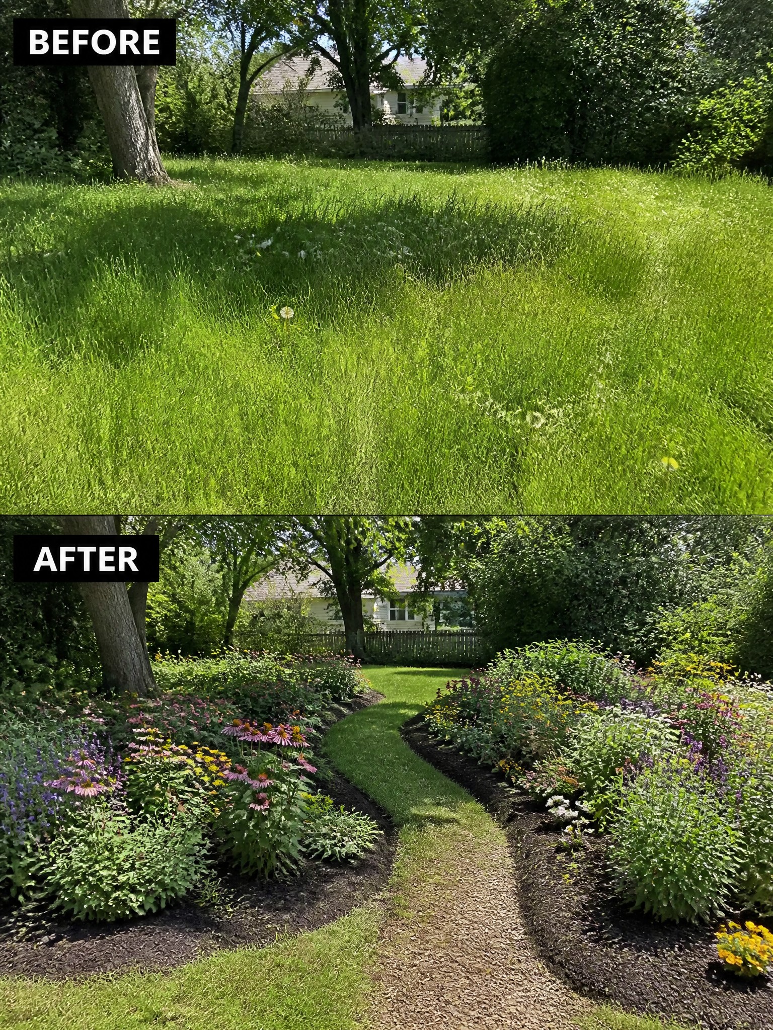 Overgrown grassy area transformed into a landscaped garden with colorful flower beds.