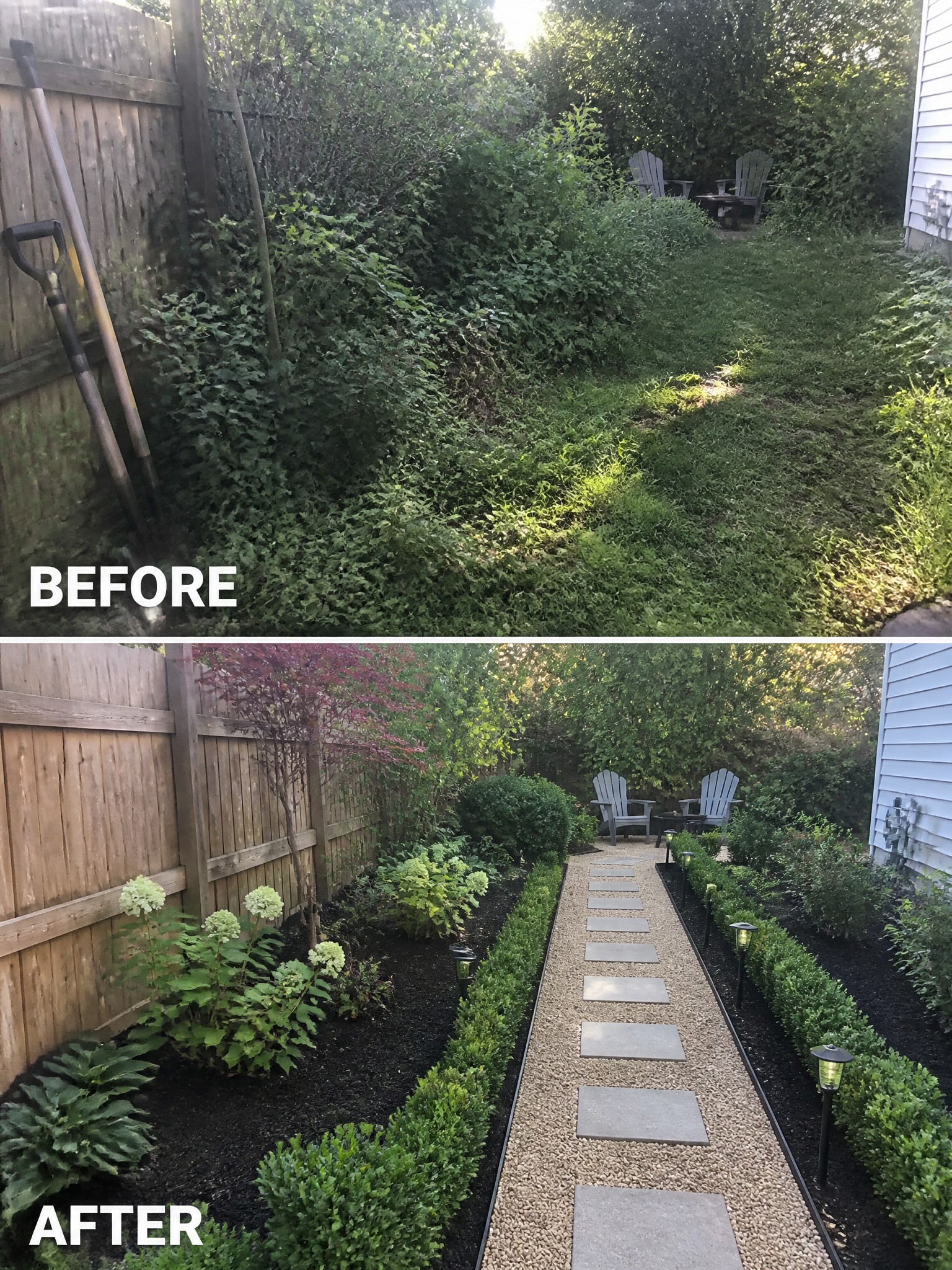 Before-and-after image of an overgrown backyard changed into a landscaped garden with defined beds, a gravel path, and structured planting.