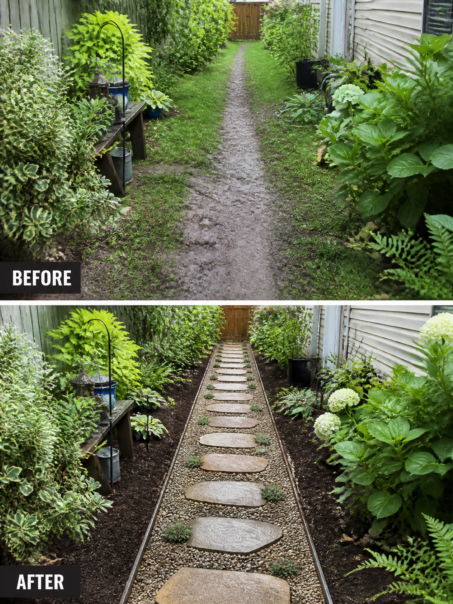 Before and after transformation of a garden path with stepping stones and gravel.