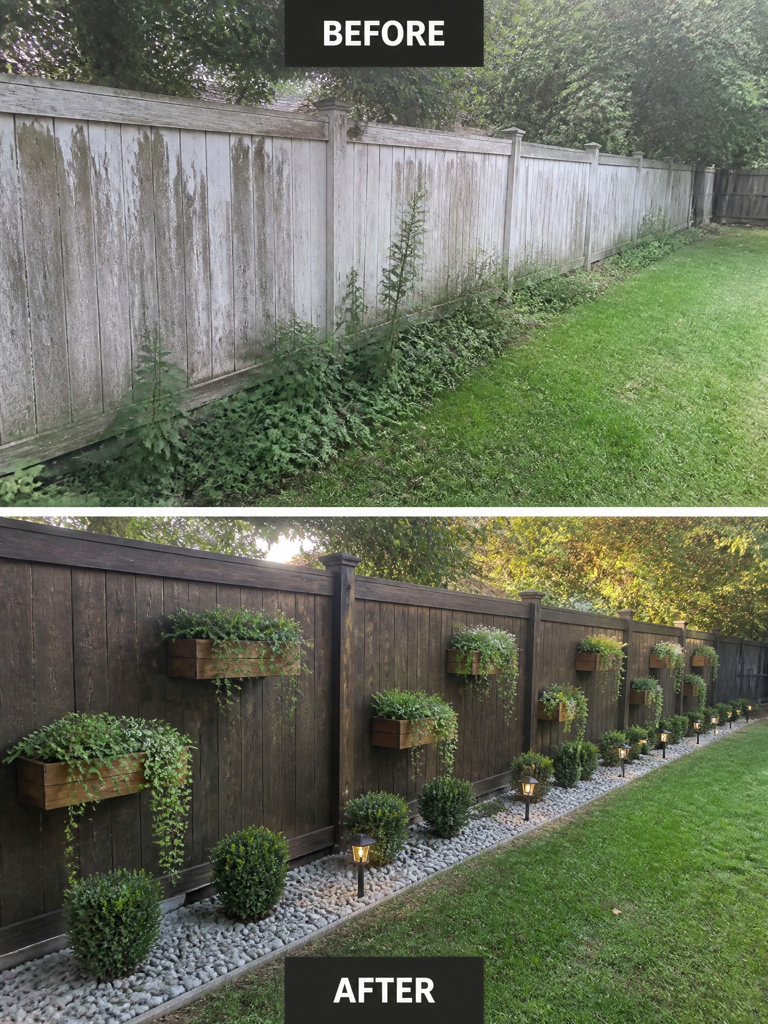 Before and after yard transformation showing a clean, dark wooden fence with planters.