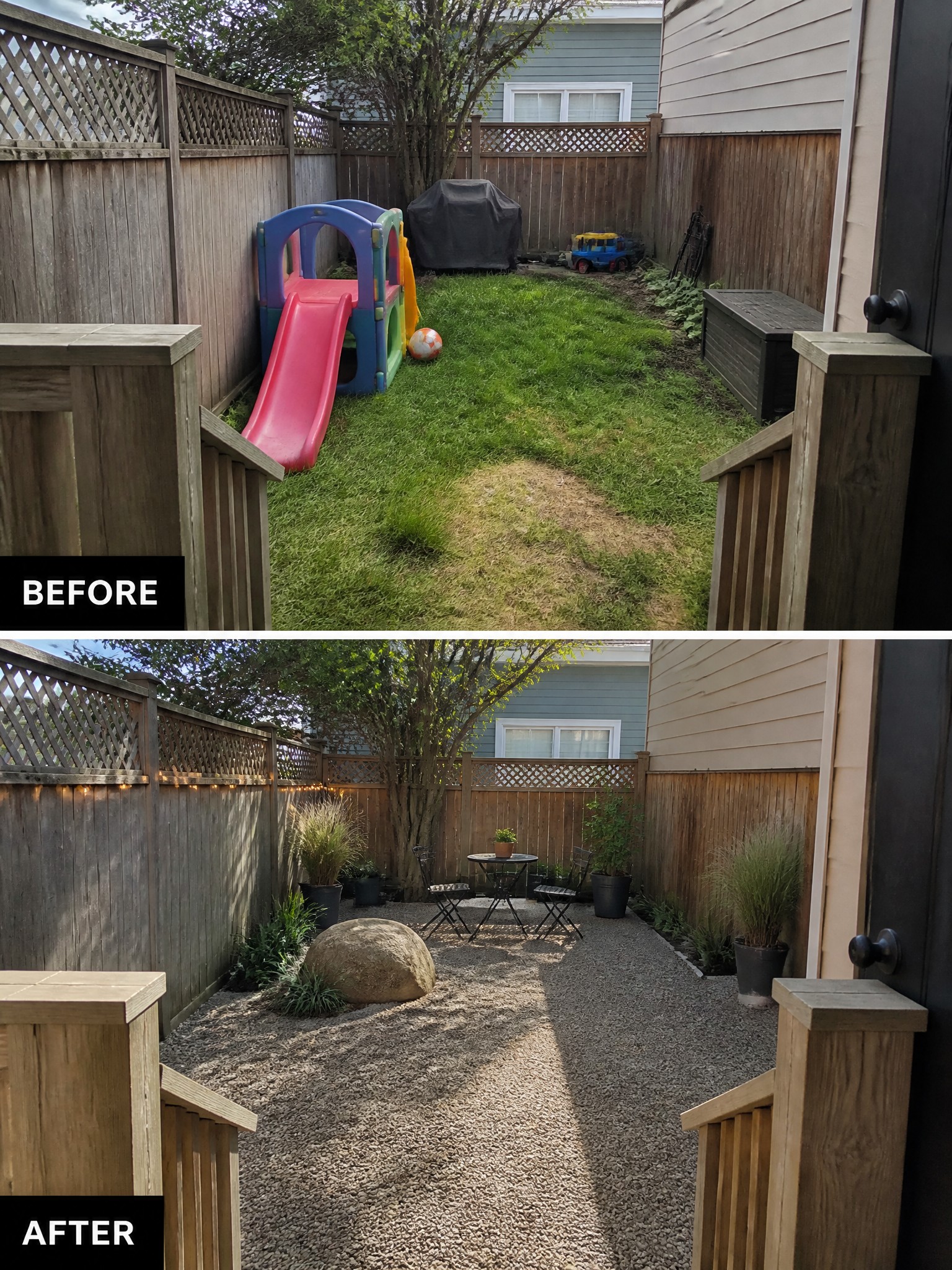 Before-and-after image of a grassy backyard changed into a gravel seating area with a table, chairs, potted plants, and a large rock.