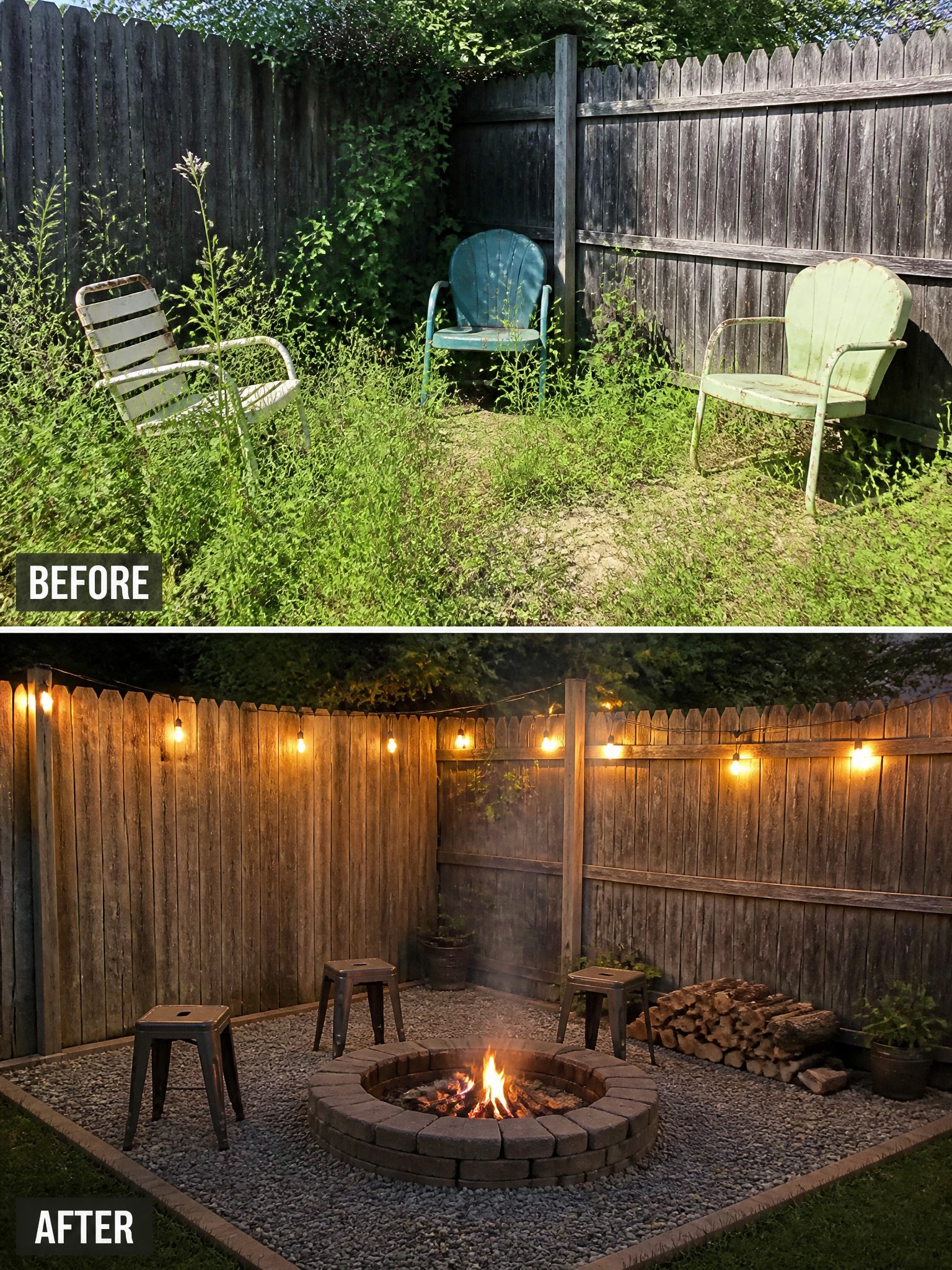 A backyard transformation from overgrown weeds to a cozy fire pit area with string lights.