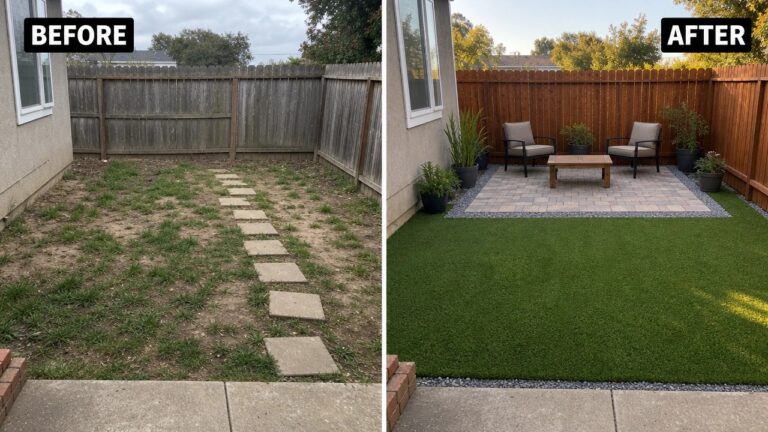 18 Affordable Backyard Before and After Ideas That Look Realistic Before-and-after image of a patchy dirt backyard transformed into a green lawn with a central stone patio, seating area, and potted plants.