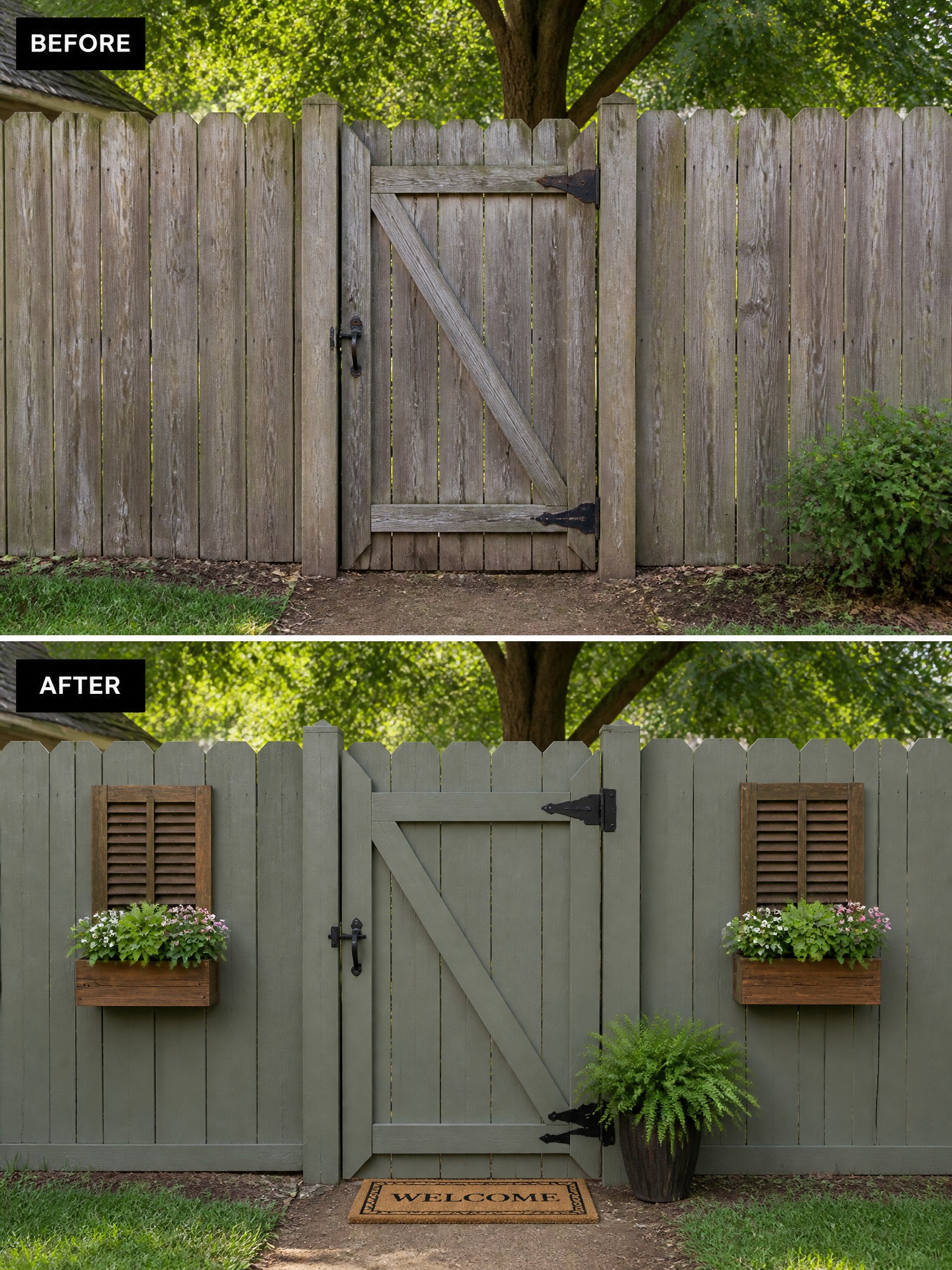 Before-and-after comparison of a wooden fence gate, upgraded with paint and flower planters.