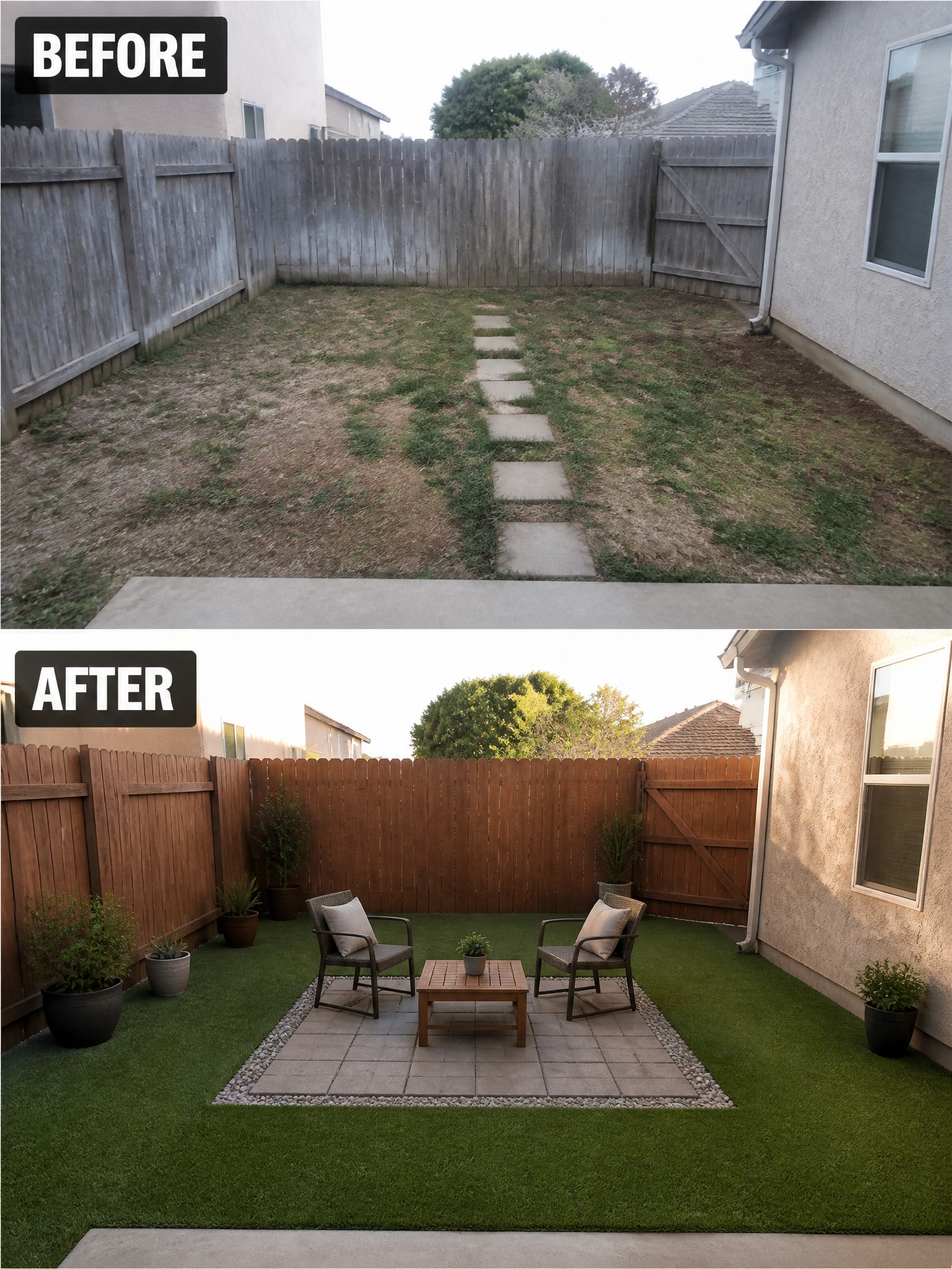 Before-and-after image of a patchy dirt backyard transformed into a green lawn with a central stone patio, seating area, and potted plants.