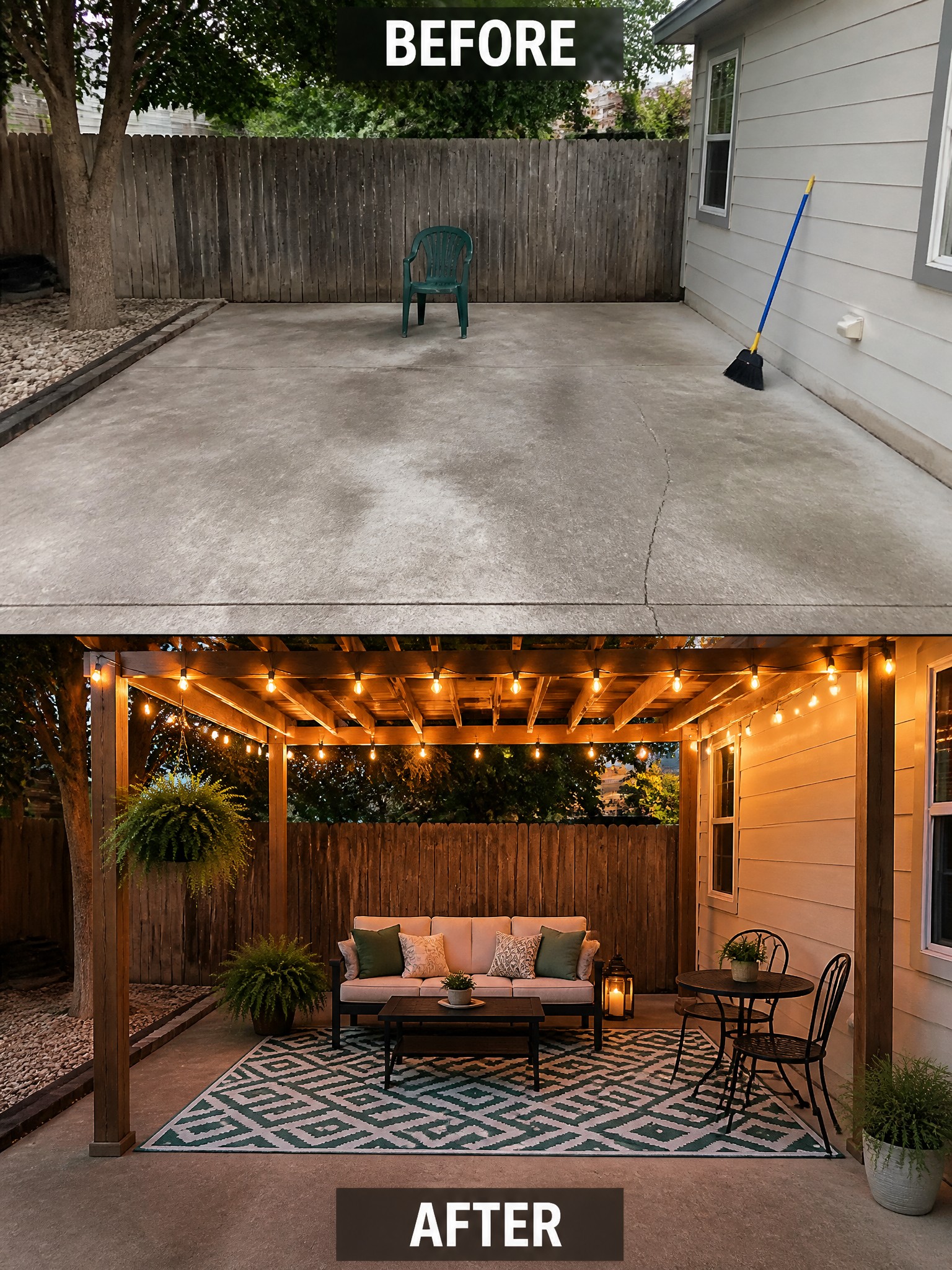 Before-and-after image of a plain concrete patio changed into a covered outdoor seating area with a wooden pergola, string lights, sofa, rug, and small dining set.