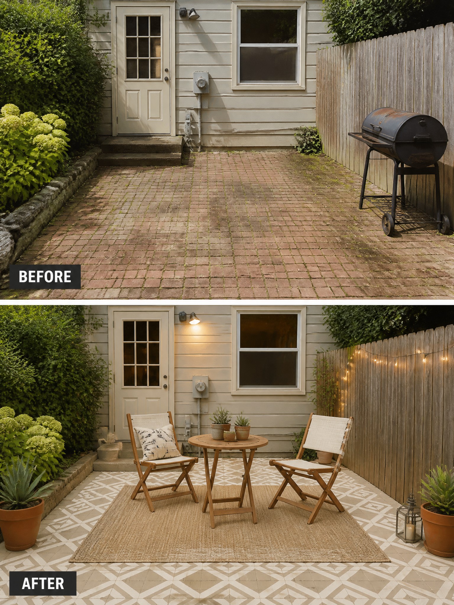Before-and-after image of a plain brick patio changed into a furnished outdoor seating area with a rug, table, chairs, and string lights.