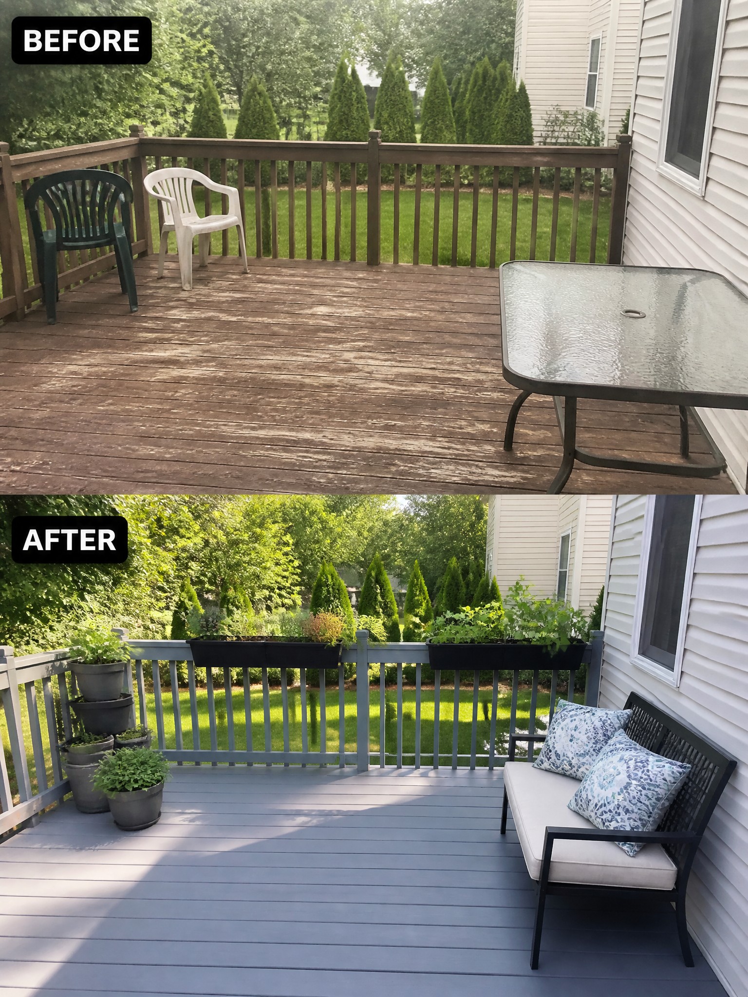 Before-and-after of a deck: old chairs and table replaced with a sleek, modern seating area.