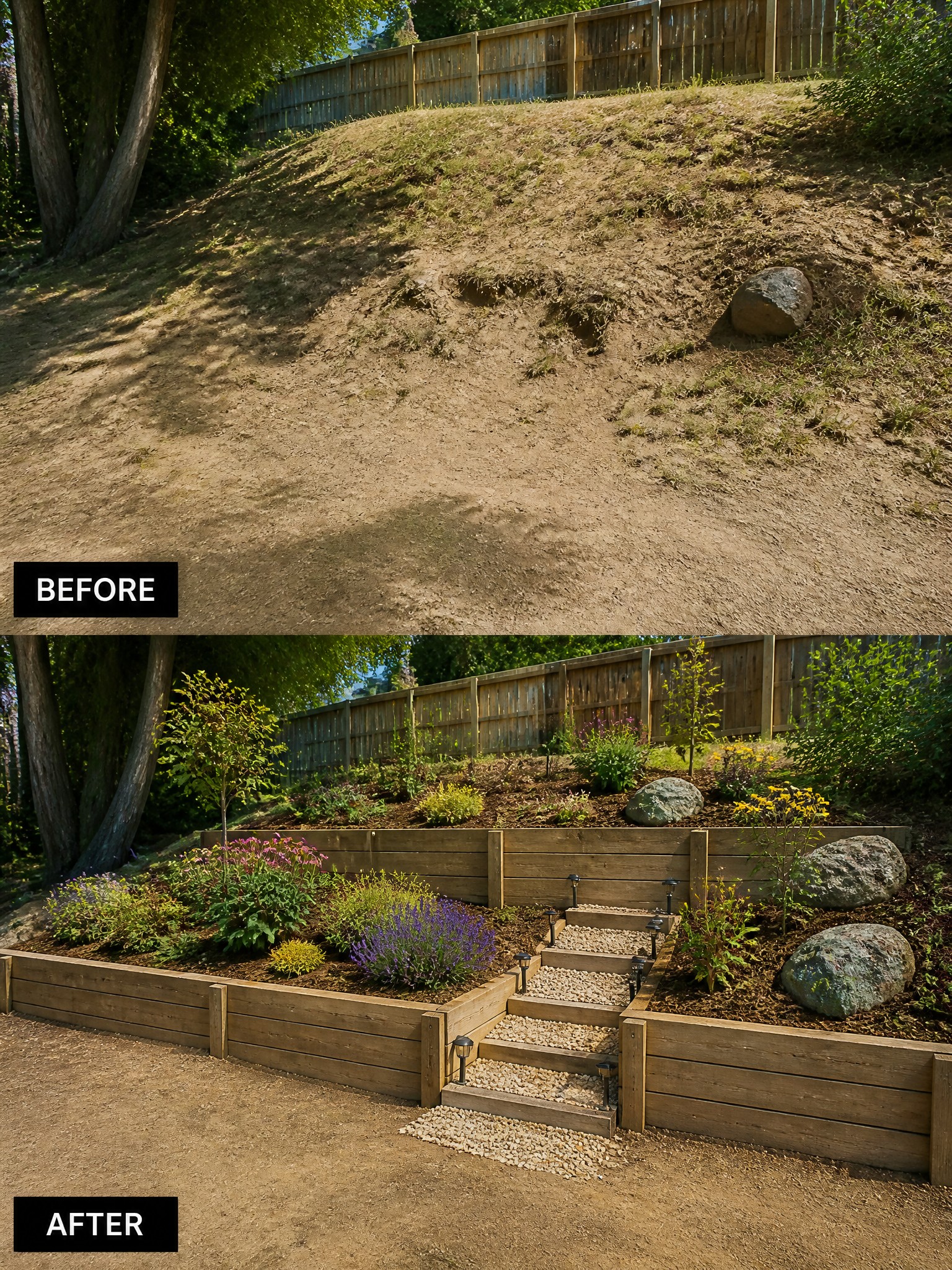 Before-and-after image of a bare dirt slope turned into terraced garden beds with wooden retaining walls, gravel steps, and planted areas.