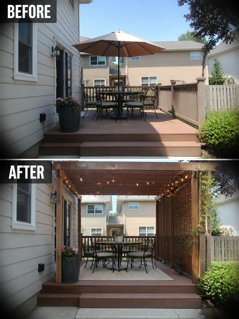 Before-and-after image of an open deck changed into a covered space with a pergola, string lights, and lattice privacy panels.