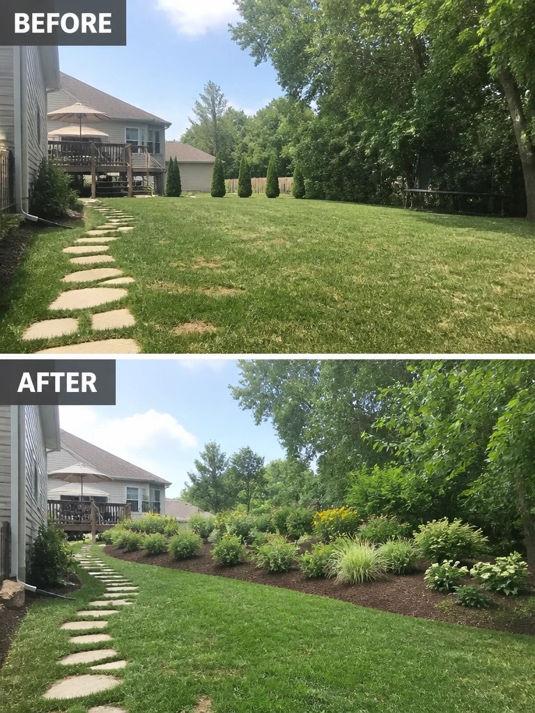 Before and after backyard with stone path and new colorful garden bed.