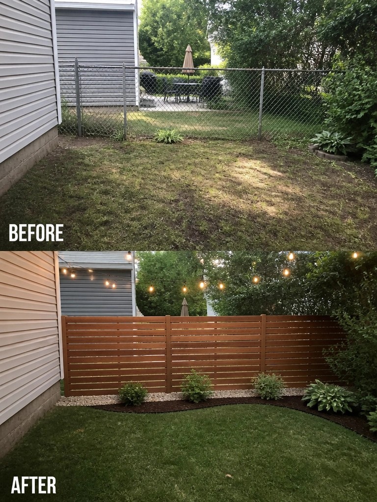 Before and after backyard with chain-link fence replaced by wooden slats and string lights.