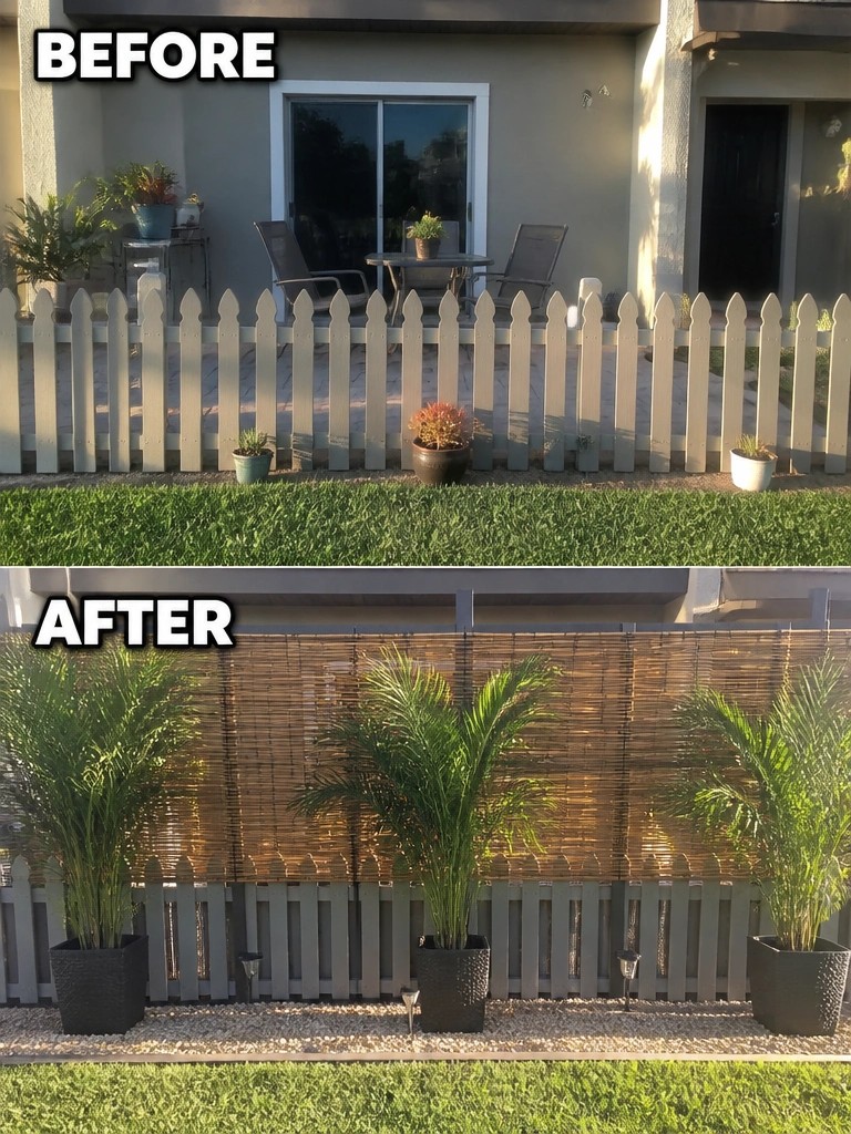 Before-and-after backyard fence with bamboo screen and potted palm plants
