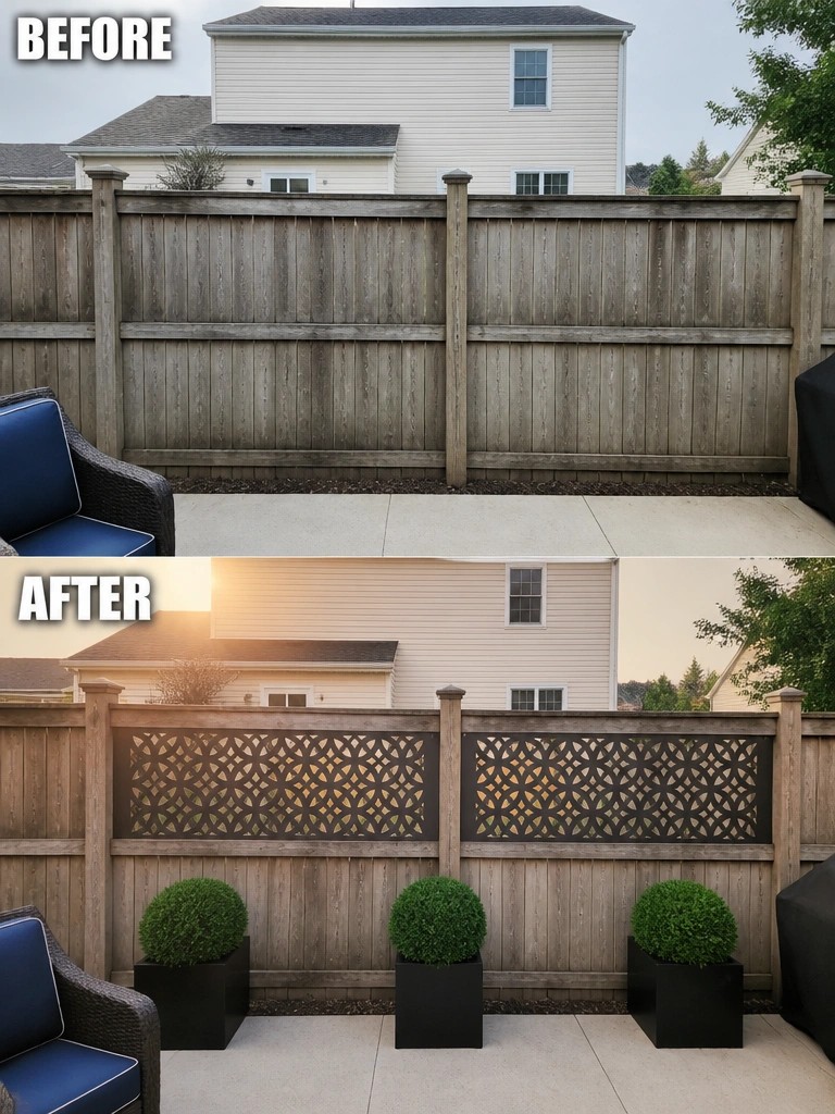 Before-and-after image of a wooden fence updated with decorative privacy panels and potted plants.