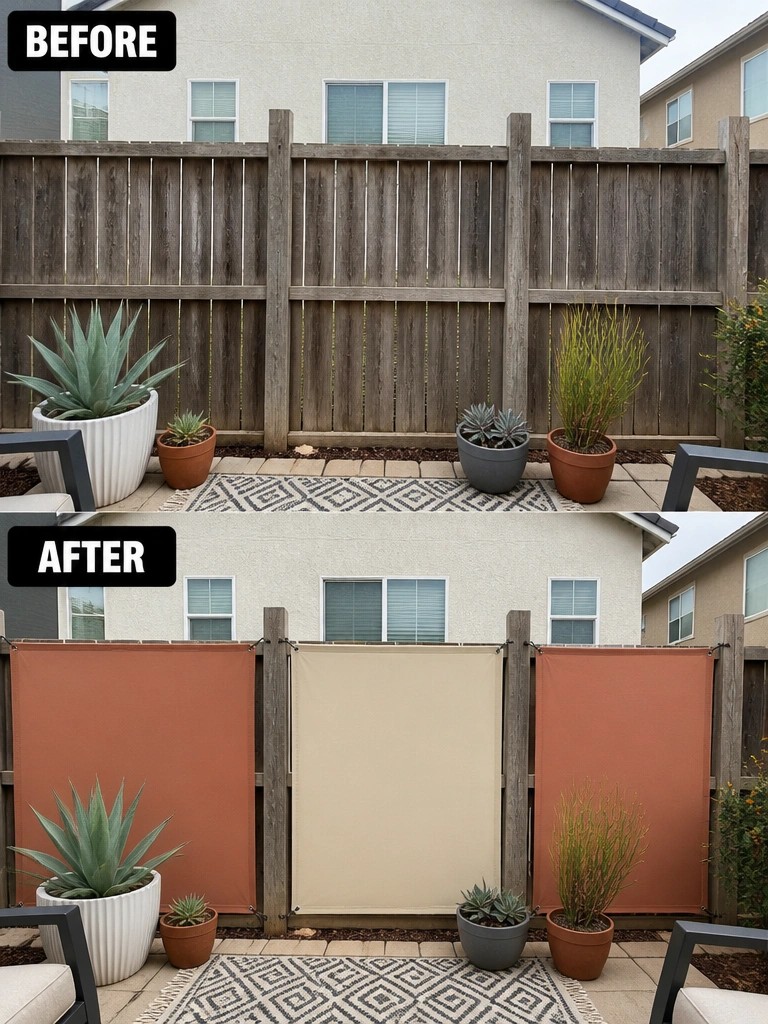Before and after backyard fence with orange beige privacy panels and potted plants