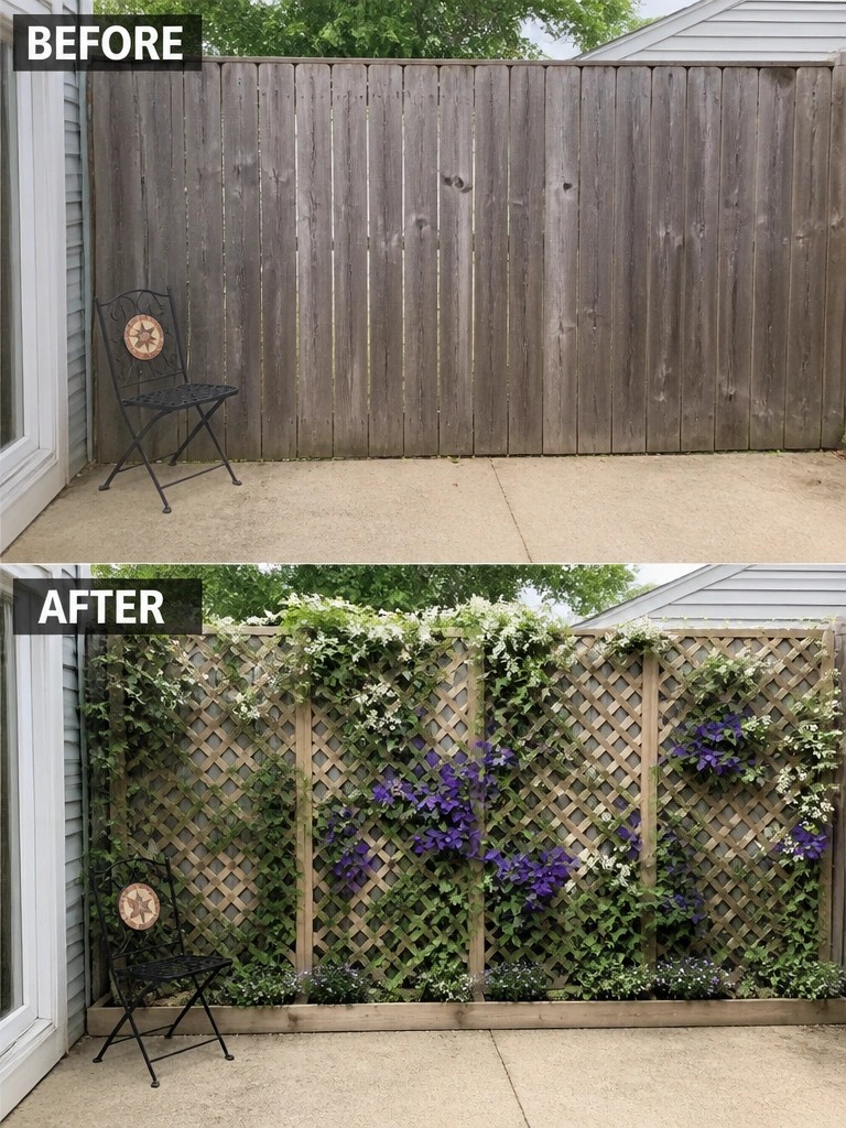 Before-and-after fence with lattice panels, blooming vines, purple flowers and black chair.