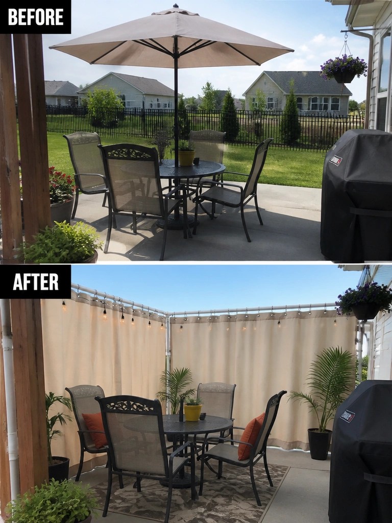 Before and after patio with beige privacy curtains, string lights, and furniture