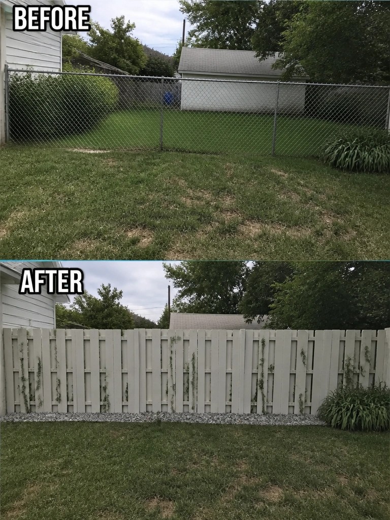 Before-and-after image of a chain-link fence replaced with a solid white privacy fence along a grassy yard.