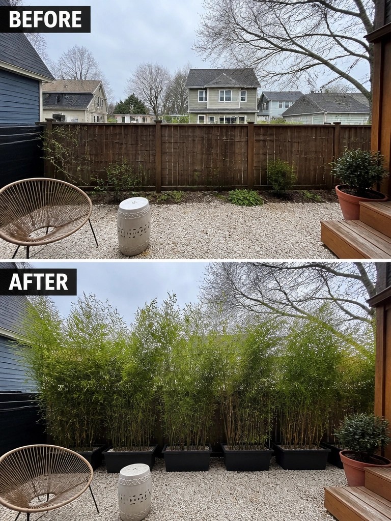 Before and after backyard with added tall bamboo plants in black pots.