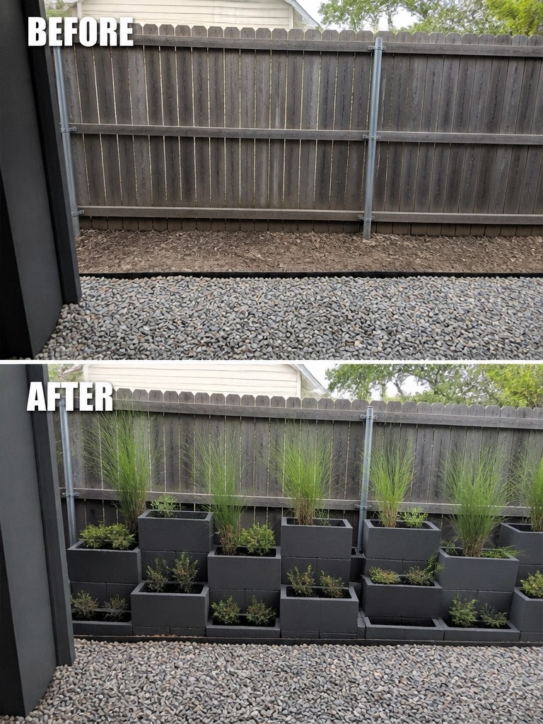 Before-and-after backyard fence with added gray planters, blocks, and tall green plants.