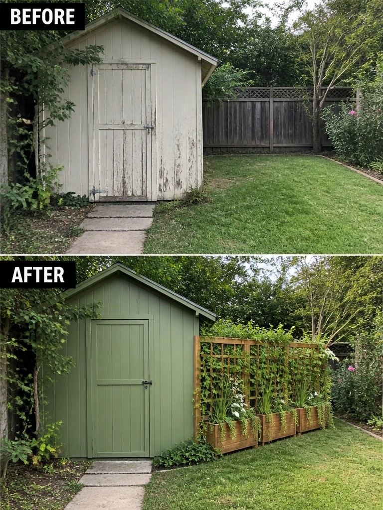 Before and after of weathered shed painted green with added planters and trellis.