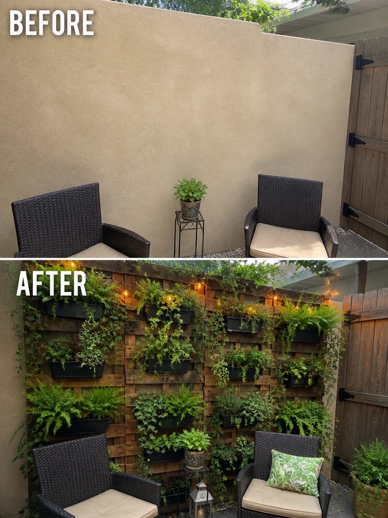 Before-and-after patio wall transformed into lush vertical garden with string lights and chairs.