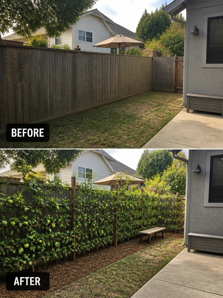 Before-and-after image of a bare backyard fence transformed into a privacy screen with climbing vines and trellises.