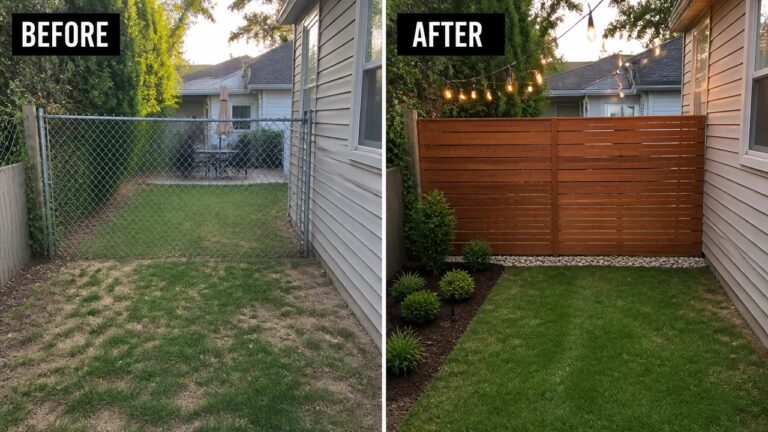 18 Affordable Privacy Before and After Ideas for A More Comfortable Yard Before and after backyard with chain-link fence replaced by wooden slats and string lights.