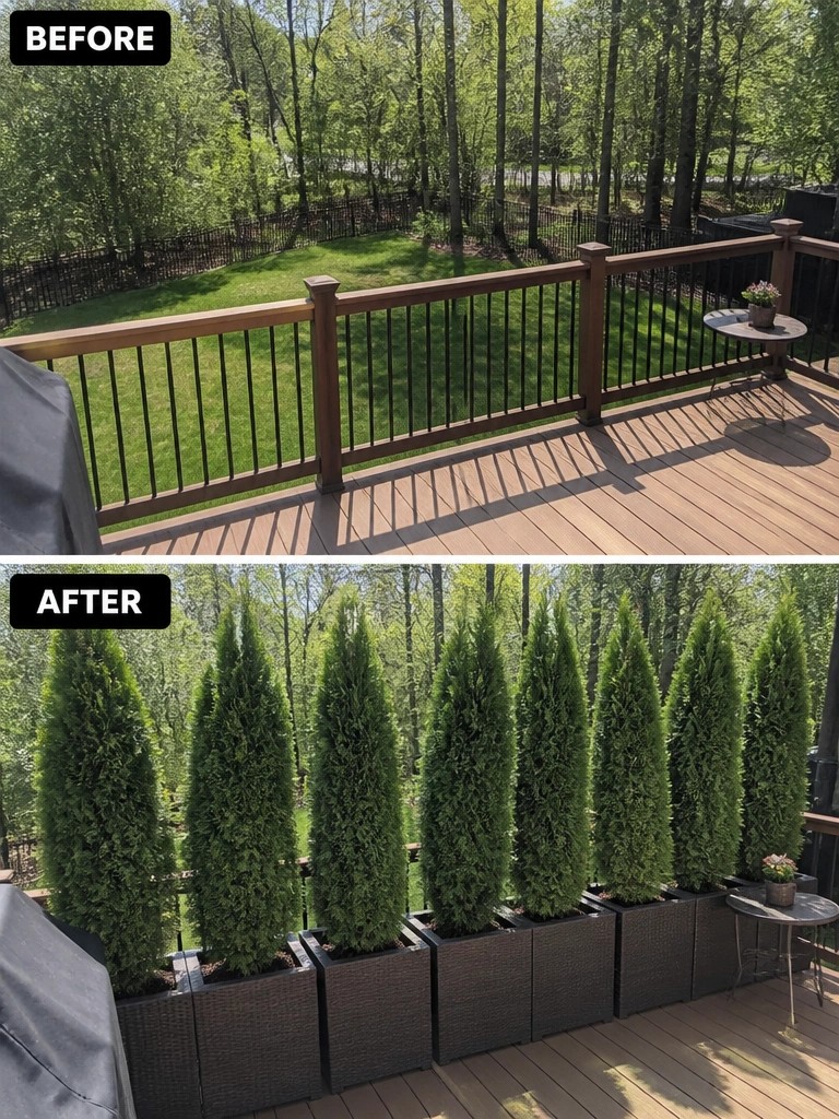 Before-and-after image of a deck with an open railing view changed by adding a row of tall potted evergreen trees along the edge.
