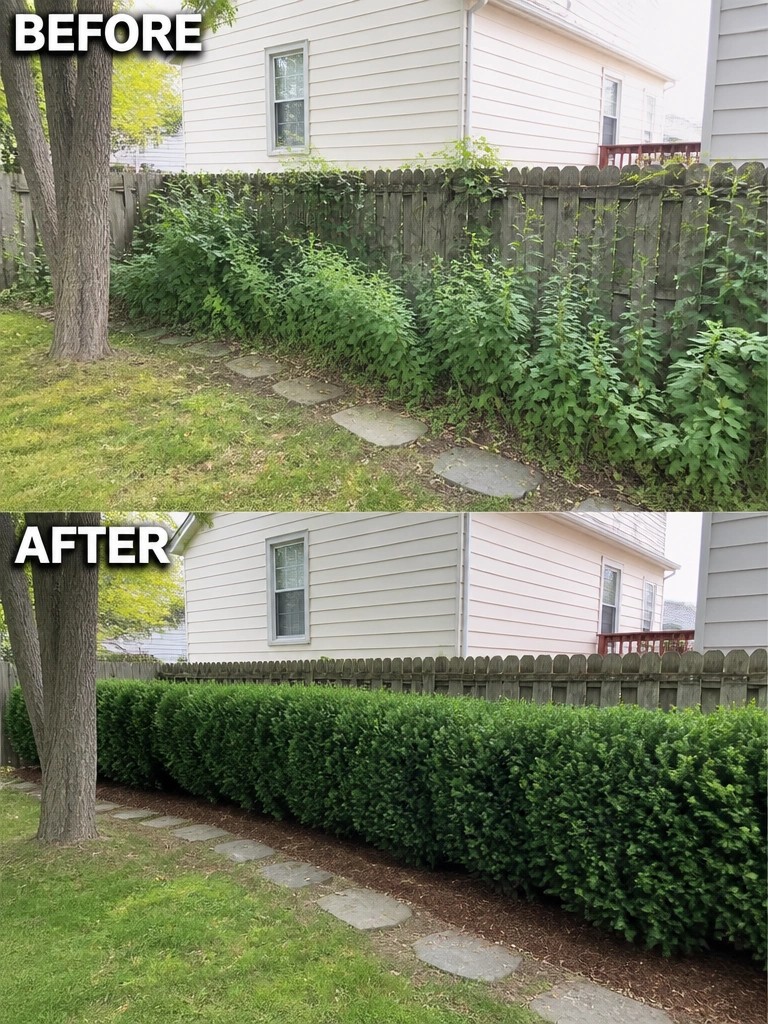 Before and after backyard with overgrown plants replaced by trimmed hedge along fence.