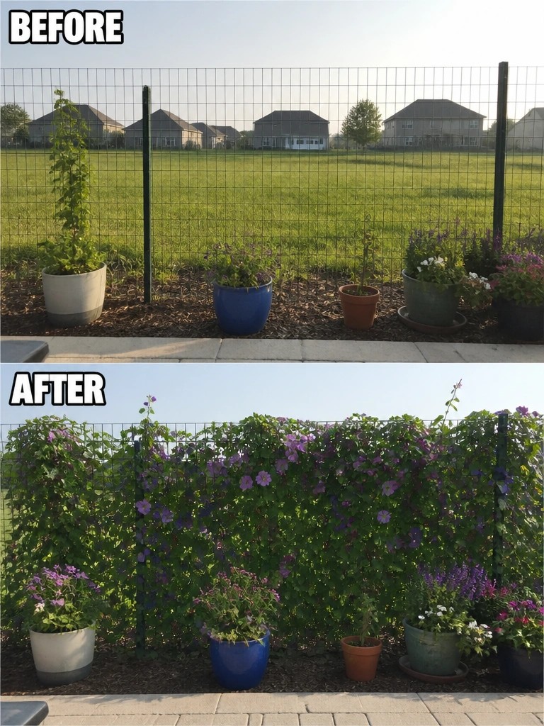 Before and after of wire fence with potted plants and purple flowering vines.