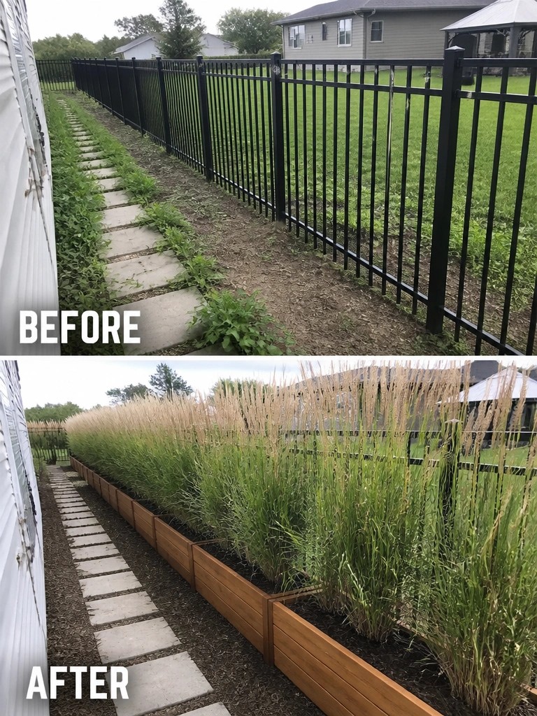 Before-and-after image of a bare fence line with a concrete path changed into a border of tall ornamental grasses planted in wooden raised beds.