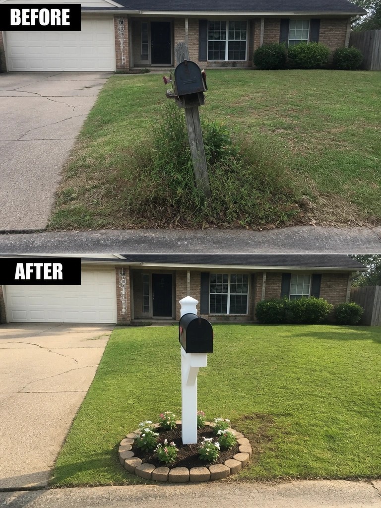 Before and after of mailbox post from overgrown weeds to landscaped flower garden