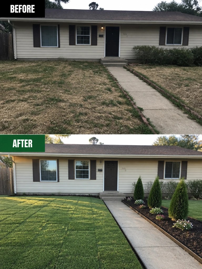 Before and after of beige house yard transformed from dry grass to green landscaping