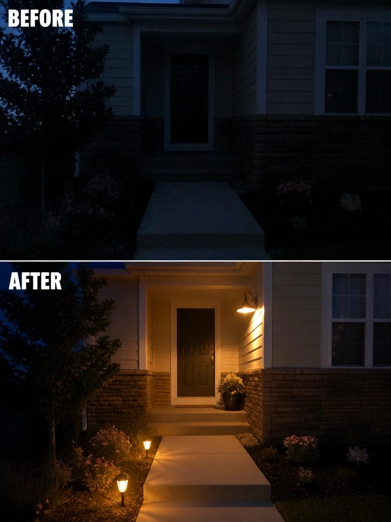 Before and after of house entrance with new pathway and wall lights