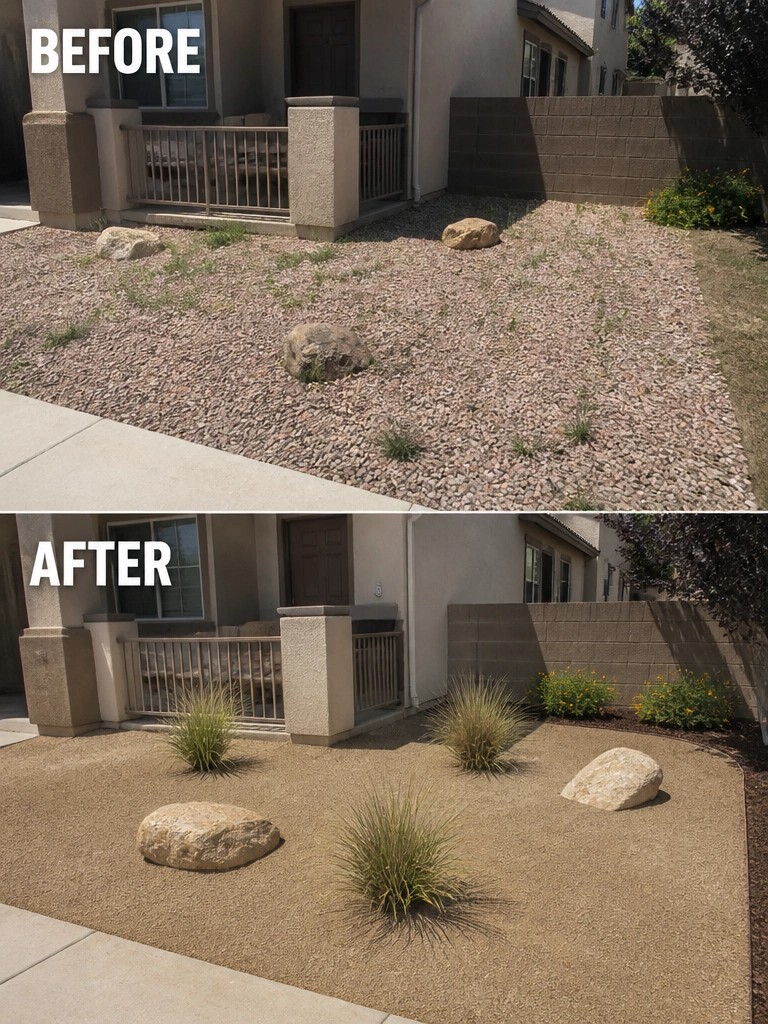Before-and-after image of a gravel front yard transformed by adding clusters of ornamental grasses and repositioning rocks.