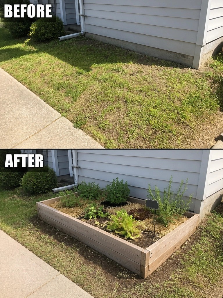 Before-and-after image of a weedy grass strip beside a house changed into a raised wooden garden bed with vegetables and herbs.