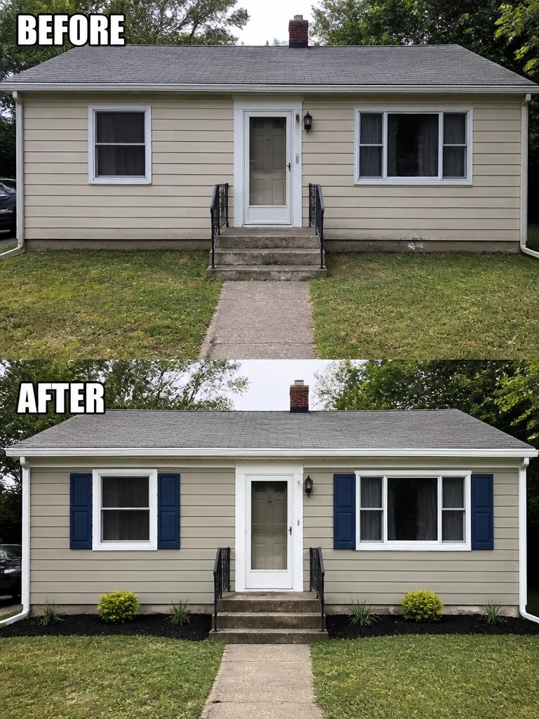 Before and after of beige house with added blue shutters and landscaping.