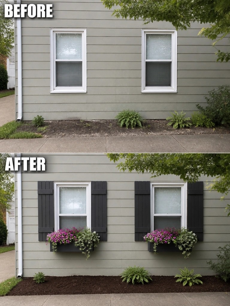 Before and after of gray house windows with dark shutters and flower boxes.