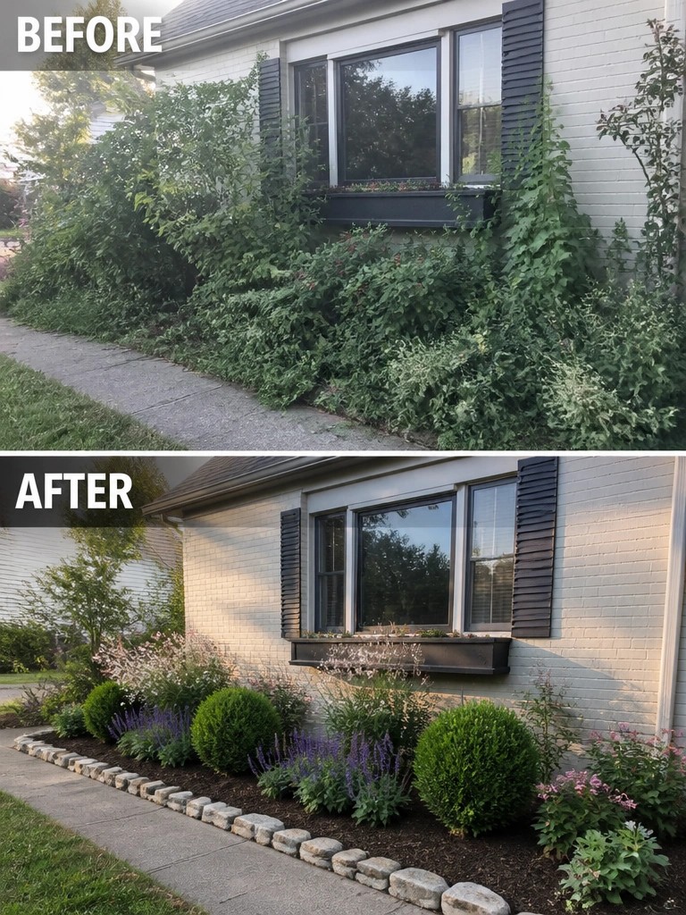 House front before and after: overgrown bushes replaced by neat shrubs and flowers.