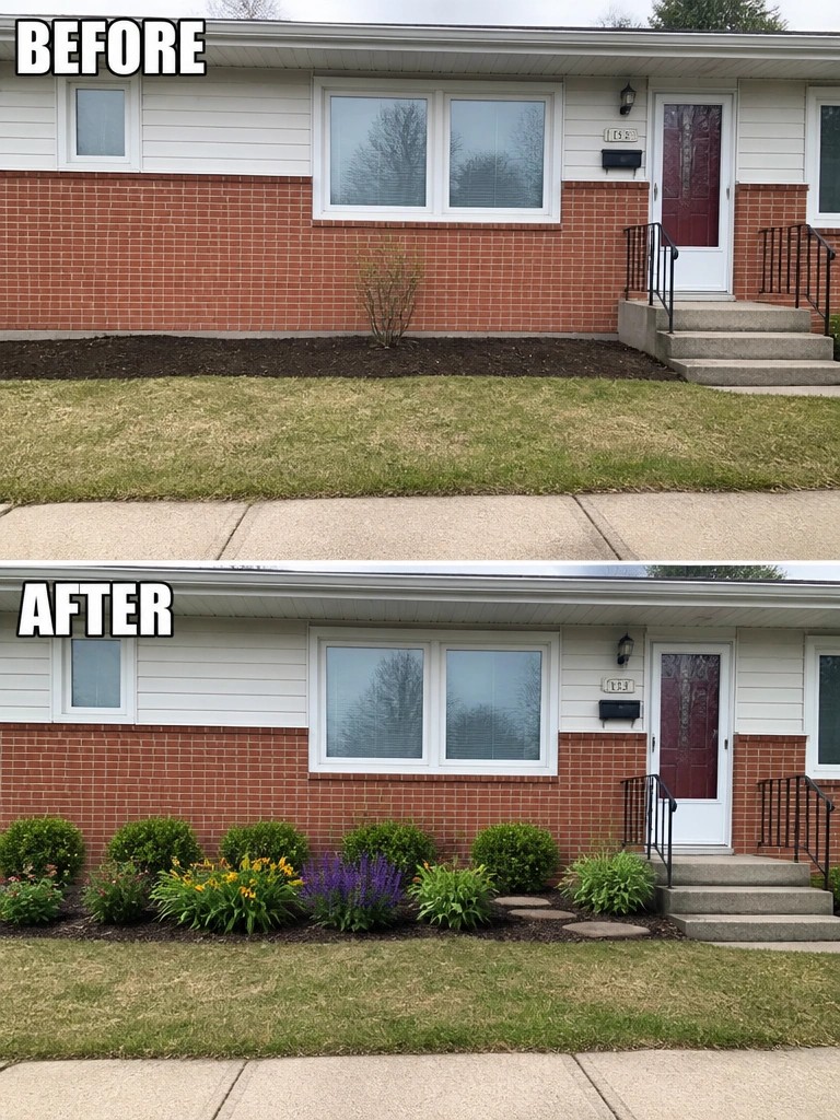 Before and after views of brick house with new shrubs and flowers added.
