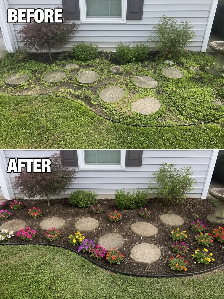 Before and after garden bed with stepping stones, weeds replaced by colorful flowers.