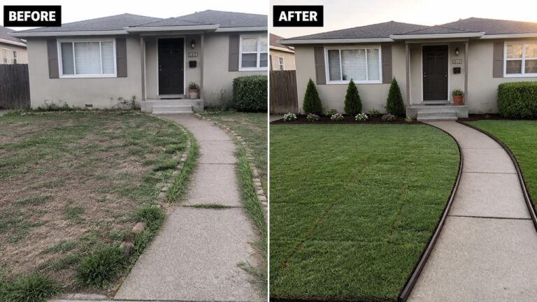 Before and after of beige house yard transformed from dry grass to green landscaping