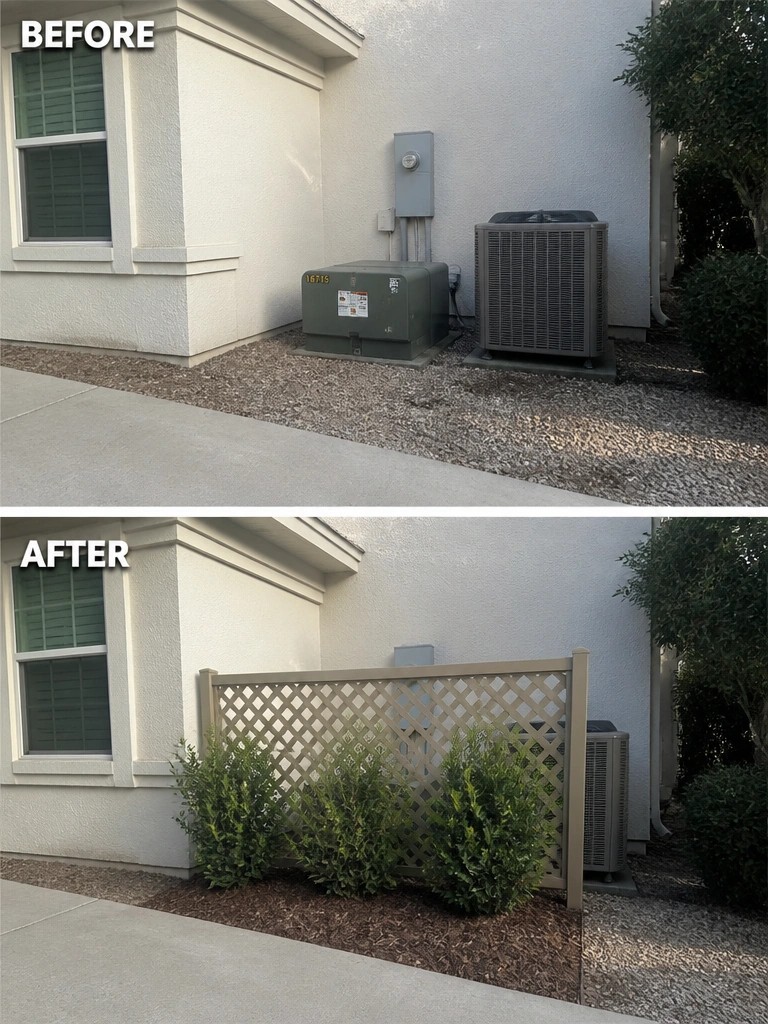 Before and after of AC unit behind new lattice fence with shrubs added.
