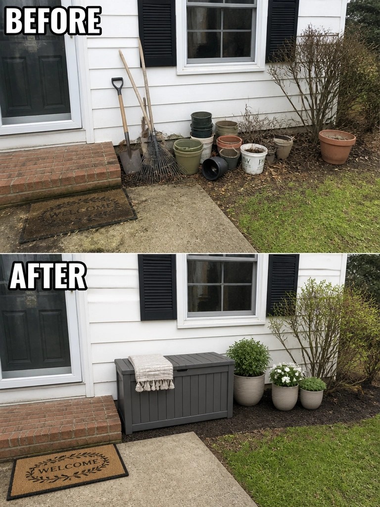 Before and after views of home entryway decluttered with storage bench and plants.