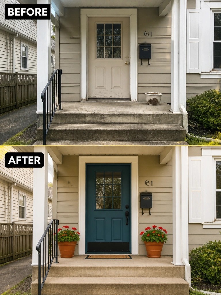 Before-and-after image of a front porch showing the door painted from off-white to teal with two potted plants added on the steps.