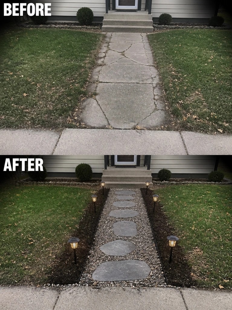 Before-and-after cracked concrete path replaced by lighted stone stepping stones in gravel.