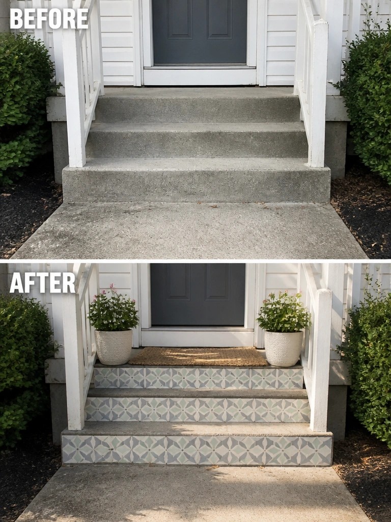 Concrete steps before and after with geometric tiles, doormat, and potted plants.